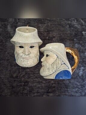 Set of 2 Fishermen Face Coffee Mugs/Cups Speckled White/Blue Gold Fish- Folk Art